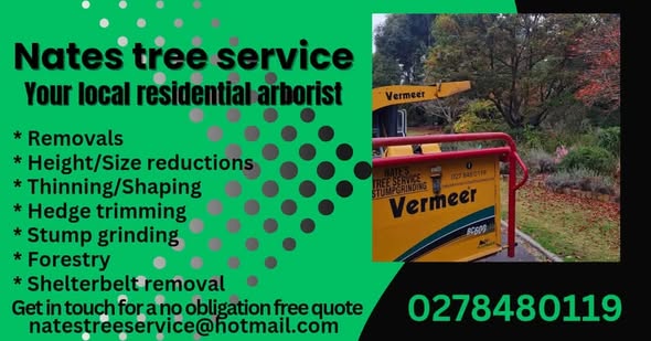 Nate's Tree Service promo graphic listing removals, hedge trimming and stump grinding with phone 027 848 0119