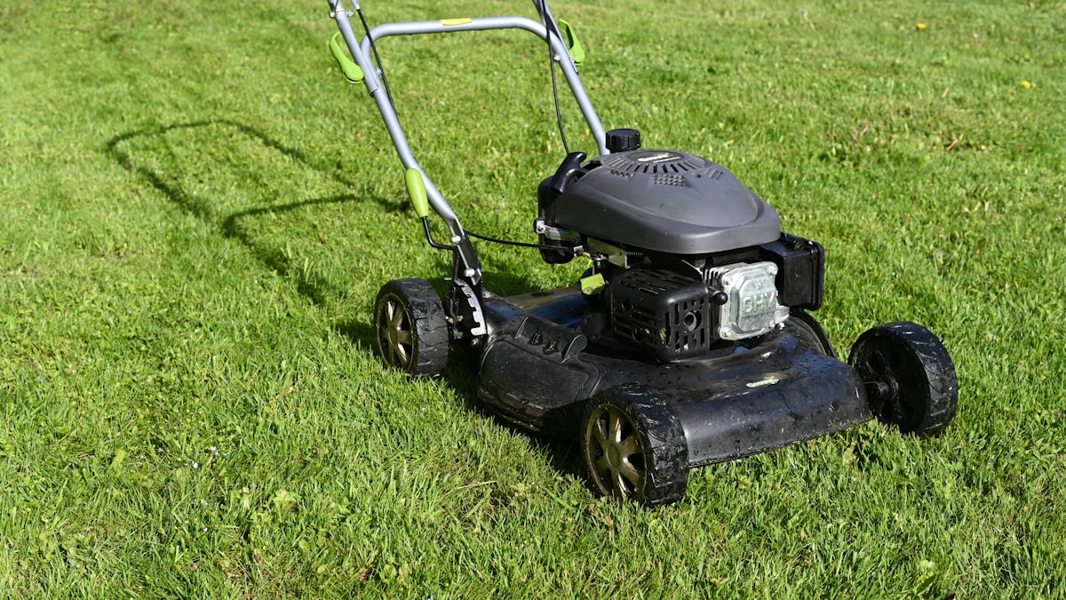 Petrol lawn mower standing on freshly cut green grass in sunshine